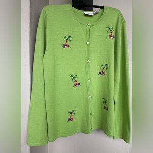 Crystal-Kobe Knit Cardigan Lime Green Christmas Decorated Palm Tree Embroidery L